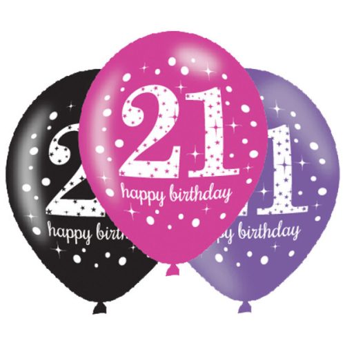 Happy Birthday 21 Pink léggömb, lufi 6 db-os 11 inch (27,5 cm)