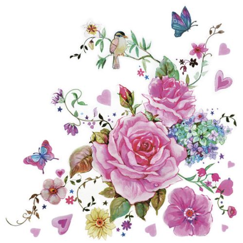 Virág Drawn Roses with Butterflies szalvéta 20 db-os 33x33 cm
